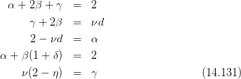  α +  2β + γ  =   2
      γ + 2β  =   νd

      2 − νd  =   α
α + β(1 + δ)  =   2

    ν(2 − η)  =   γ                    (14.131)
